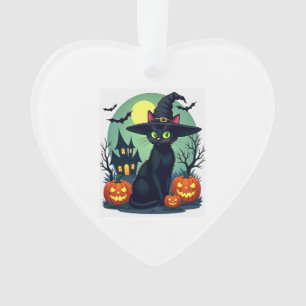 Halloween Black Cat Hat Spooky Cat and Pumpkin Gra Ornament