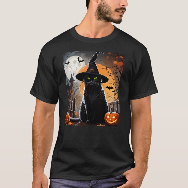 Halloween Black Cat Hat Spooky Cat and Pumpkin Gra T-Shirt (Front)