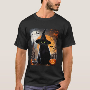 Halloween Black Cat Hat Spooky Cat and Pumpkin Gra T-Shirt