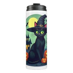 Halloween Black Cat Hat Spooky Cat and Pumpkin Gra Thermal Tumbler