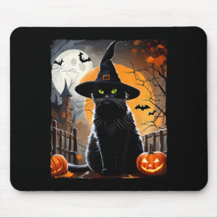 Halloween Black Cat Hat Spooky Cat And Pumpkin Mouse Pad