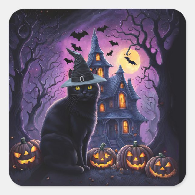Halloween Black Cat Haunted House Bats Cute Square Sticker (Front)