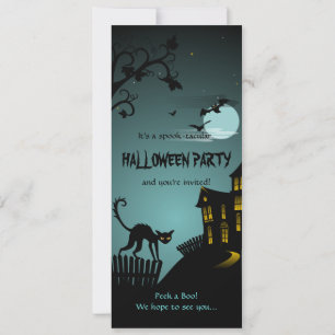 Halloween Black Cat Haunted House Blue Invitation