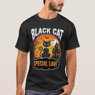 Halloween Black Cat Haunted House Moon Design T-Shirt