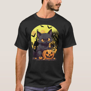 Halloween Black Cat Haunted Mansion Happy Hallowee T-Shirt
