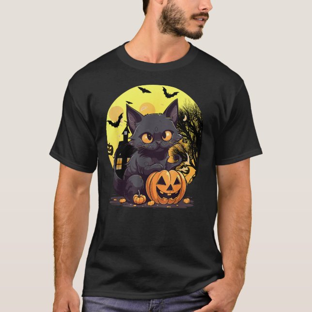 Halloween Black Cat Haunted Mansion Happy Hallowee T-Shirt (Front)