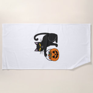 Halloween Black Cat Jack O' Lantern Pumpkin Sweet Beach Towel