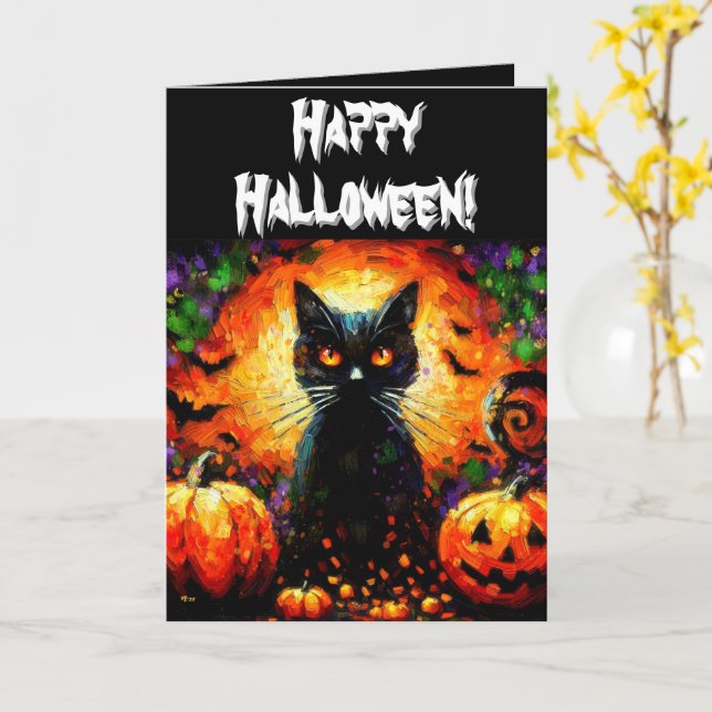 Halloween Black Cat & Jack-O-Lanterns Personalised Card (Yellow Flower)