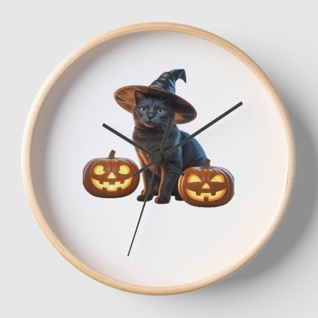 Halloween Black Cat Magic Classic T-Shirt Clock (Front)