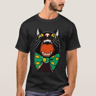 Halloween Black Cat Meowing With Large Green Polka T-Shirt