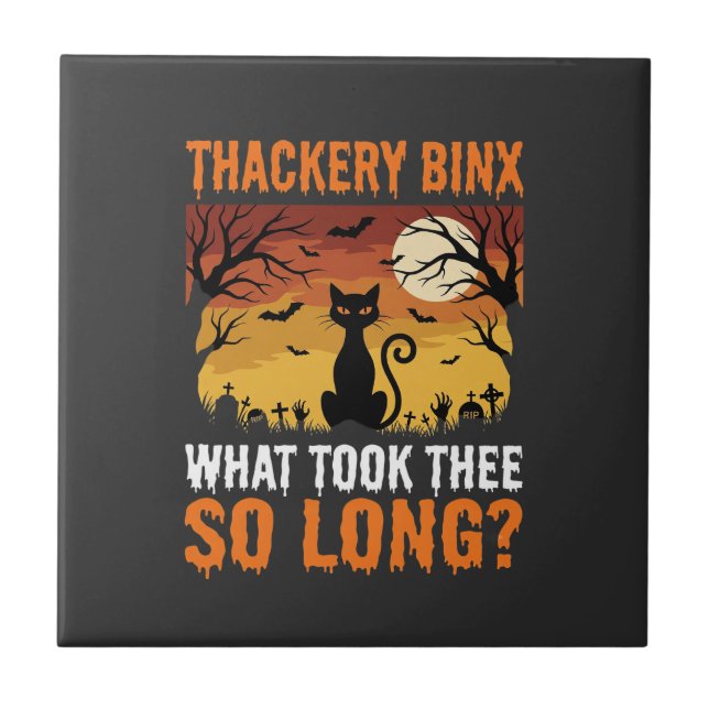 Halloween Black Cat Moon Graveyard Quote Design Ceramic Tile (Front)