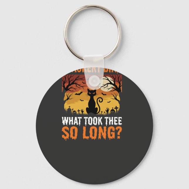 Halloween Black Cat Moon Graveyard Quote Design Key Ring (Front)