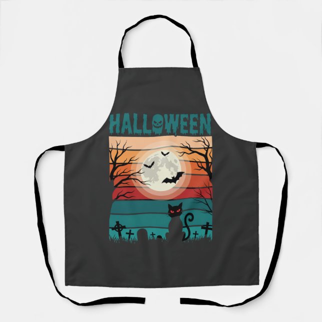 Halloween Black Cat Moon Graveyard Retro Vector De Apron (Front)