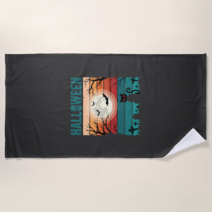 Halloween Black Cat Moon Graveyard Retro Vector De Beach Towel