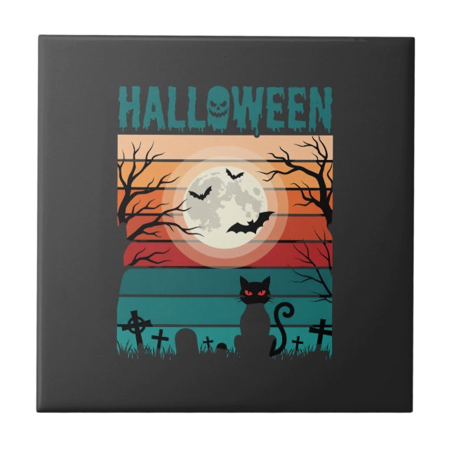 Halloween Black Cat Moon Graveyard Retro Vector De Ceramic Tile (Front)