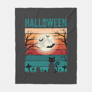 Halloween Black Cat Moon Graveyard Retro Vector De Fleece Blanket