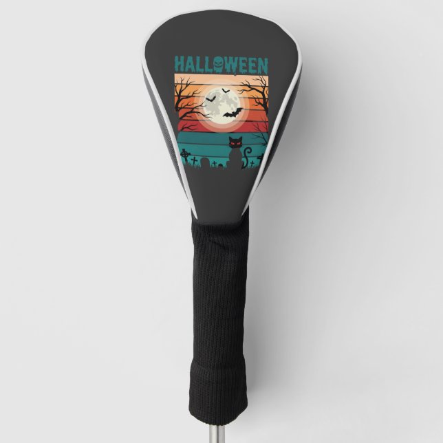 Halloween Black Cat Moon Graveyard Retro Vector De Golf Head Cover (Front)