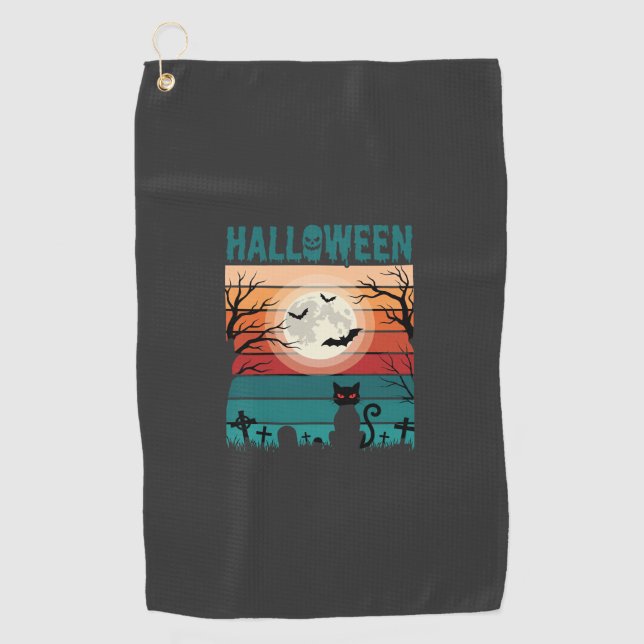 Halloween Black Cat Moon Graveyard Retro Vector De Golf Towel (Front)