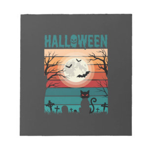 Halloween Black Cat Moon Graveyard Retro Vector De Notepad