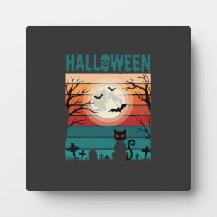 Halloween Black Cat Moon Graveyard Retro Vector De Plaque