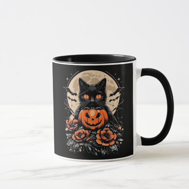 Halloween Black Cat, Moon & Pumpkin Mug (Right)