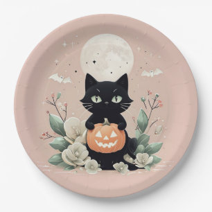 Halloween Black Cat, Moon & Pumpkin Paper Plate