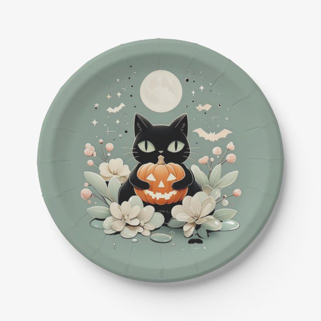 Halloween Black Cat, Moon & Pumpkin Paper Plate (Front)