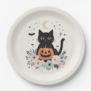 Halloween Black Cat, Moon & Pumpkin Paper Plate