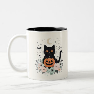 Halloween Black Cat, Moon & Pumpkin Two-Tone Coffee Mug