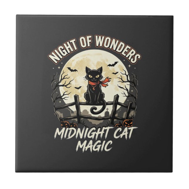 Halloween Black Cat Moonlight Ceramic Tile (Front)