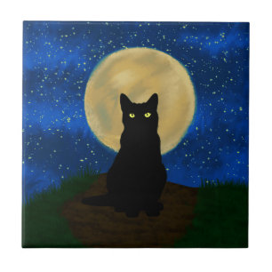 Halloween Black Cat Moonlit Silhouette  Ceramic Tile