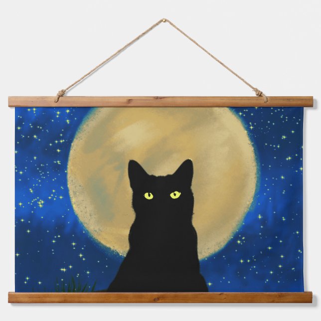 Halloween Black Cat Moonlit Silhouette  Hanging Tapestry (Front)