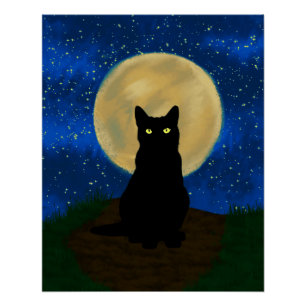 Halloween Black Cat Moonlit Silhouette  Poster
