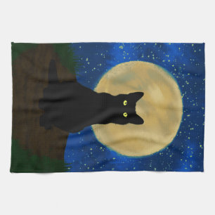 Halloween Black Cat Moonlit Silhouette Tea Towel