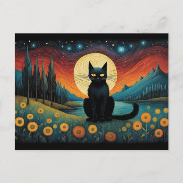 Halloween Black Cat Mountain Lakeside Full Moon Postcard (Front)