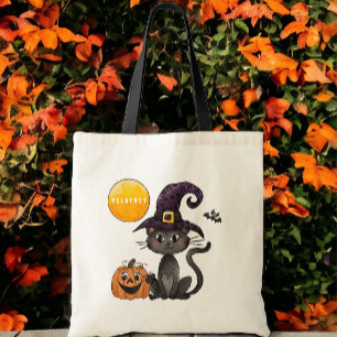 Halloween Black Cat Name Trick or Treat Tote Bag