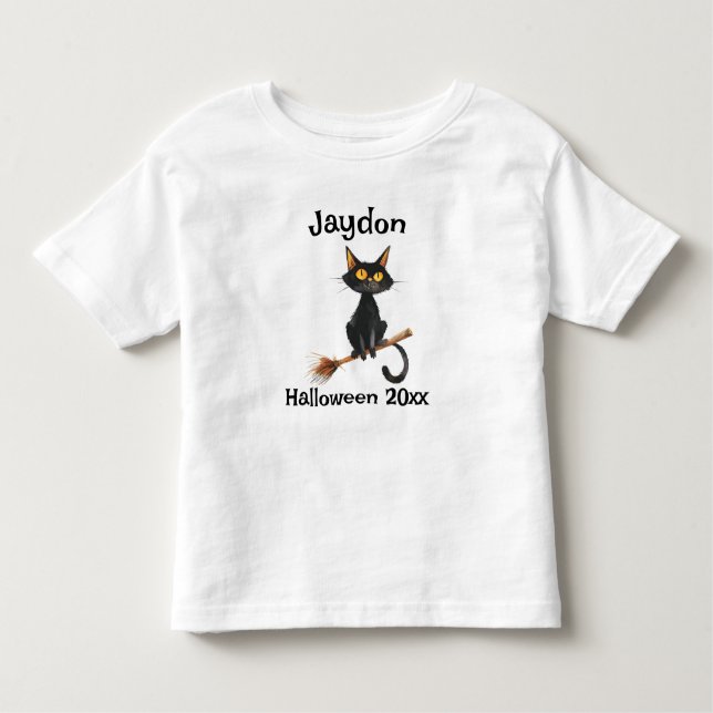 Halloween Black Cat on a Broom Personalise Toddler T-Shirt (Front)