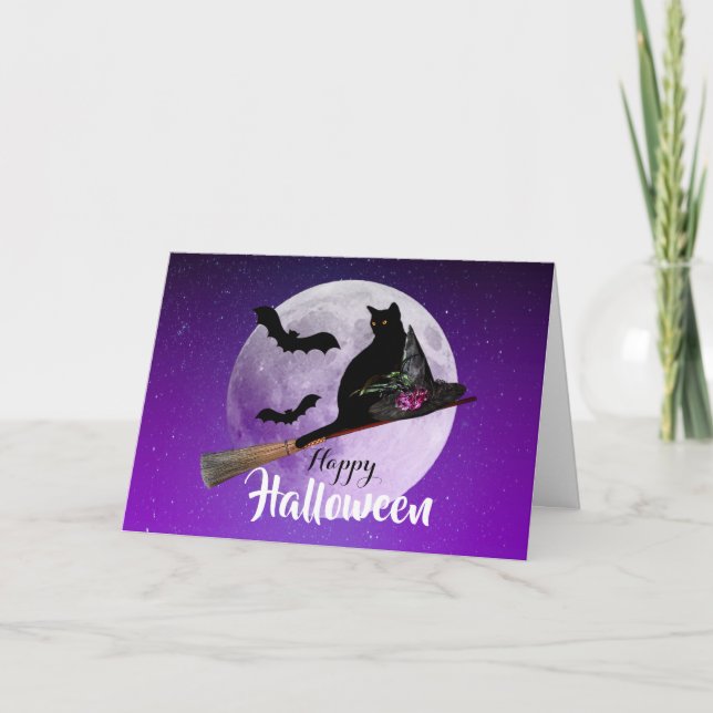 Halloween Black Cat on Broom Full Moon Card (Front)