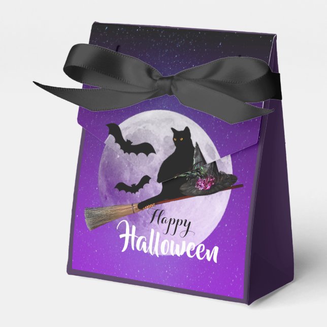Halloween Black Cat on Broom Full Moon Favour Box (Front Side)
