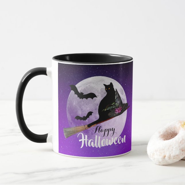 Halloween Black Cat on Broom Full Moon Mug (With Donut)