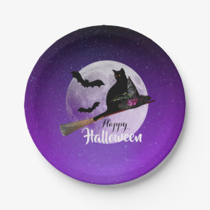 Halloween Black Cat on Broom Full Moon Paper Plate