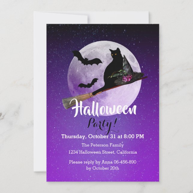 Halloween Black Cat on Broom Full Moon Party Invitation (Front)