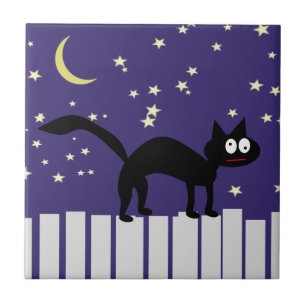 Halloween Black Cat on Fence Ceramic Tile
