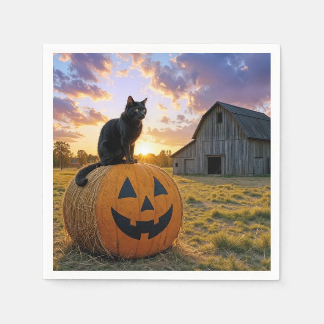 Halloween Black Cat On Pumpkin Hay Bale Napkin (Front)