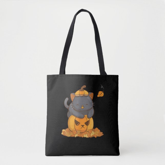 Halloween Black Cat on Pumpkin with Autumn Leaves  Tote Bag (Front)