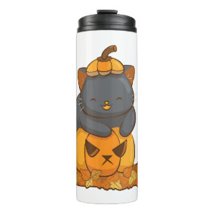 Halloween Black Cat on Pumpkin with Autumn Thermal Tumbler