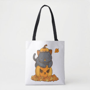 Halloween Black Cat on Pumpkin with Autumn Tote Bag