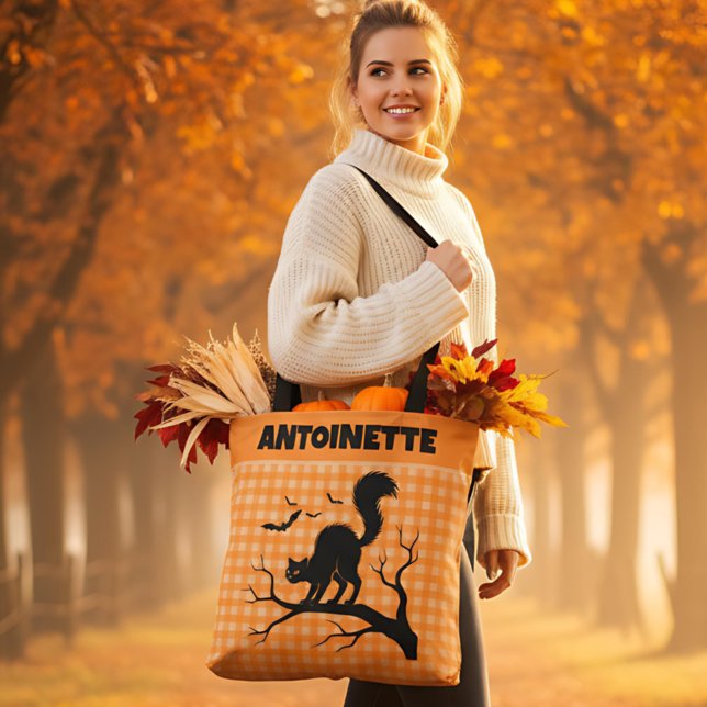 Halloween Black Cat on Tree Orange Gingham Plaid Tote Bag (Creator Uploaded)