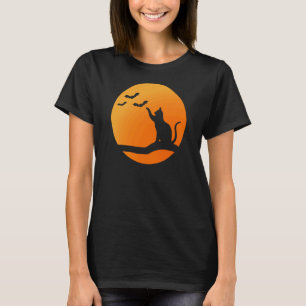 Halloween Black Cat Orange Full Moon and Bats T-Shirt