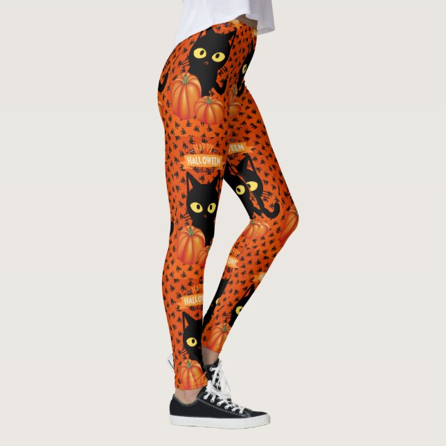 Halloween Black Cat, Orange Pattern Leggings (Right)